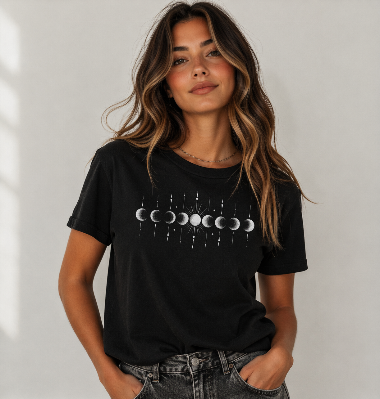 Moon Phase Silver Tee | Celestial Minimalist T-Shirt for Women