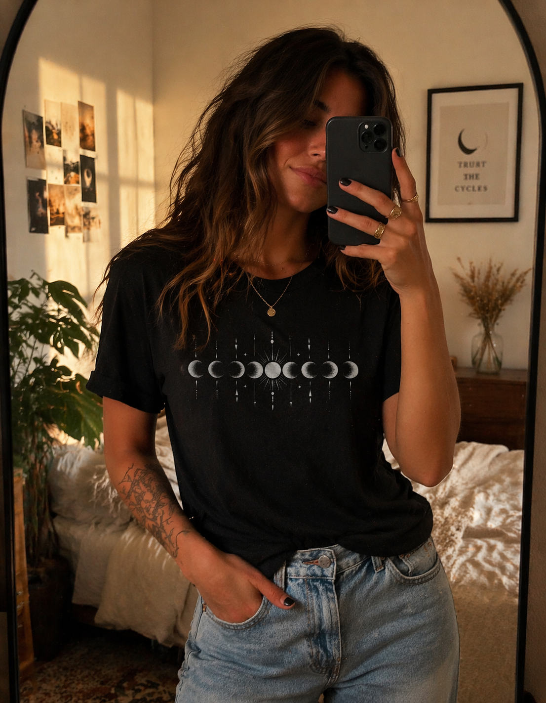 Moon Phase Silver Tee | Celestial Minimalist T-Shirt for Women