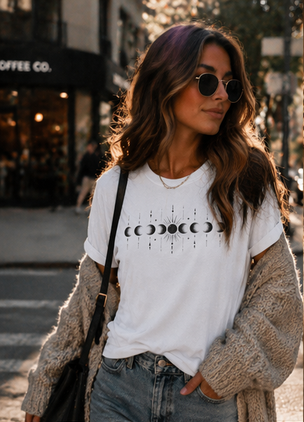 Woman wearing a white t-shirt with a graphic design, sunglasses, and a beige cardigan on a city street.