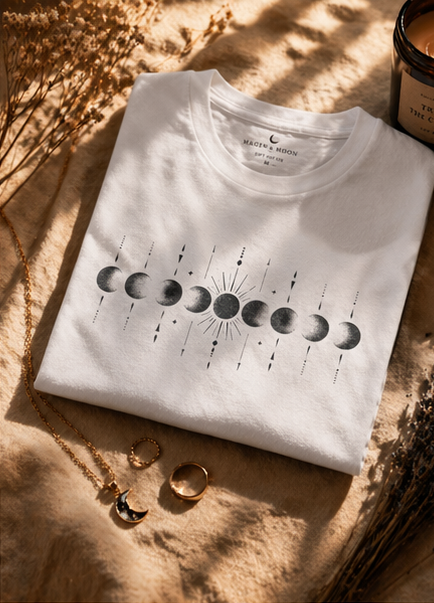 White t-shirt with moon phase design on a wooden surface with jewelry and a candle.
