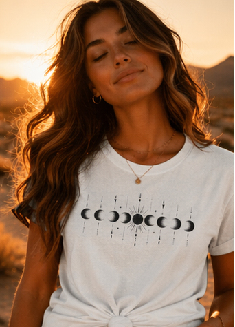 Woman wearing a white t-shirt with moon phase design, surrounded by crystals and a candle.