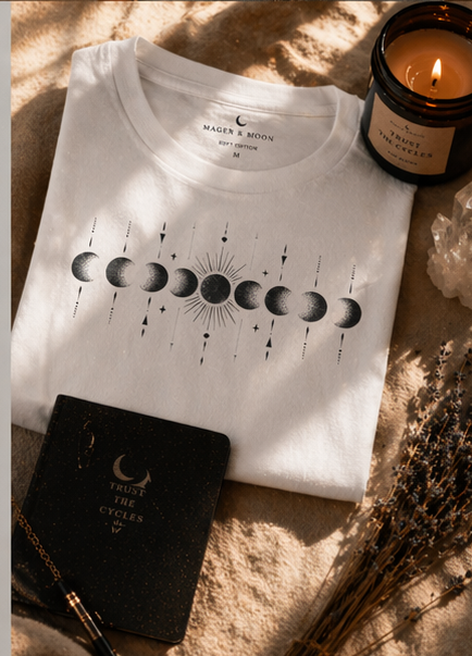 White t-shirt with moon phase design, black pouch, and candle on a textured surface