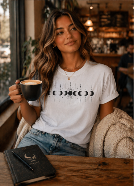Woman sitting in a cozy cafe holding a coffee cup, wearing a white t-shirt with a moon phase design.