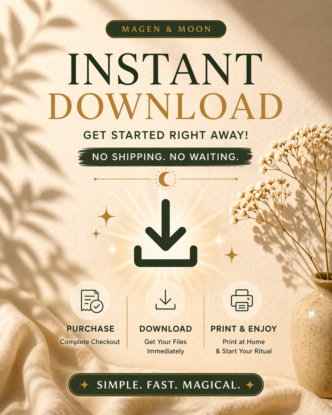 Promotional graphic for 'Magen & Moon' with text about instant download, purchase, download, and print options.