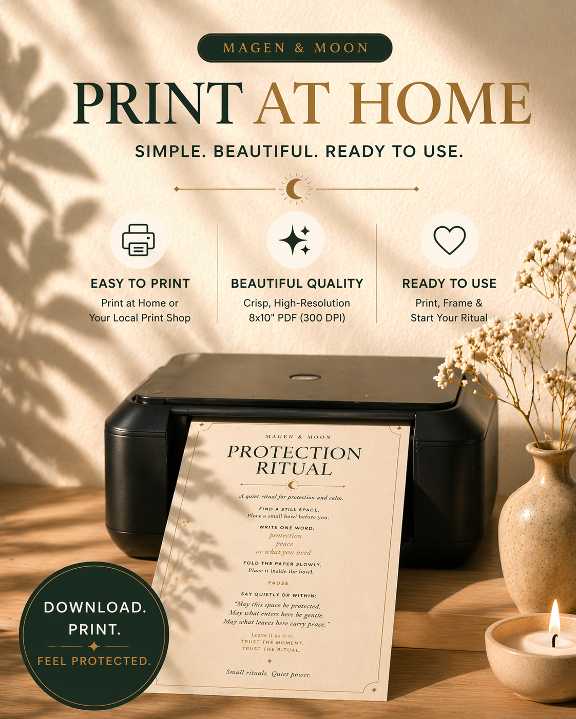 Printer with a printed sheet titled 'Protection Ritual' on a wooden surface with decorative elements.