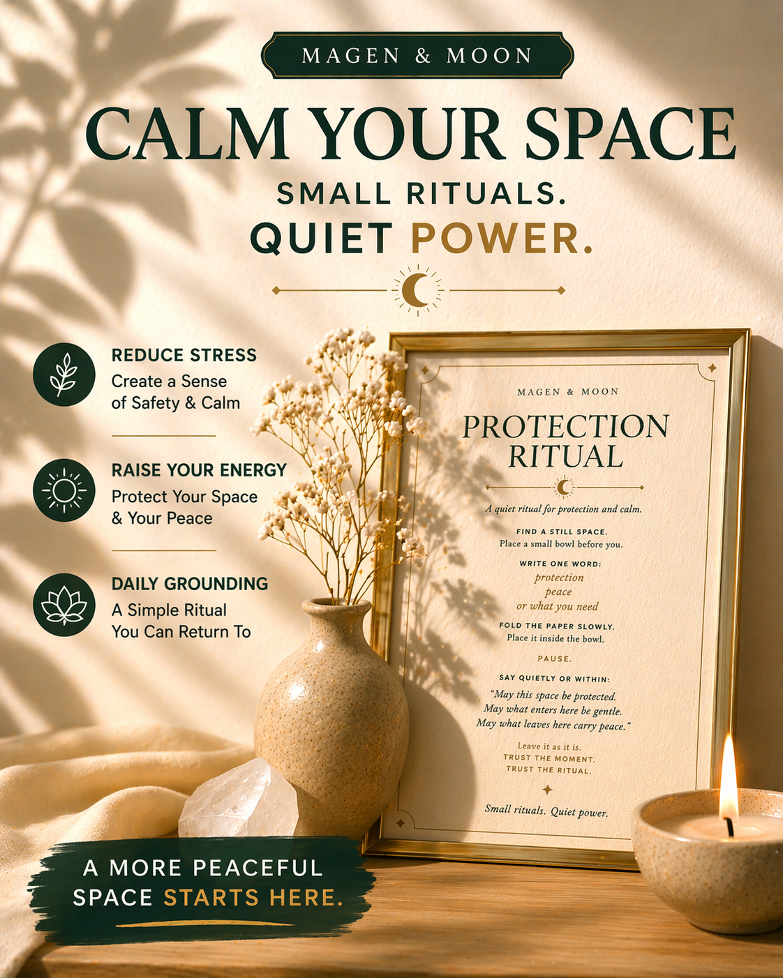 Advertisement for 'Magen & Moon' with a framed document titled 'Protection Ritual', a vase, and a candle on a wooden surface.