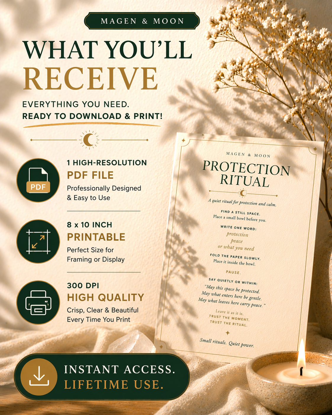 Promotional image of a 'Protection Ritual' download from Magen & Moon with a candle and dried flowers.