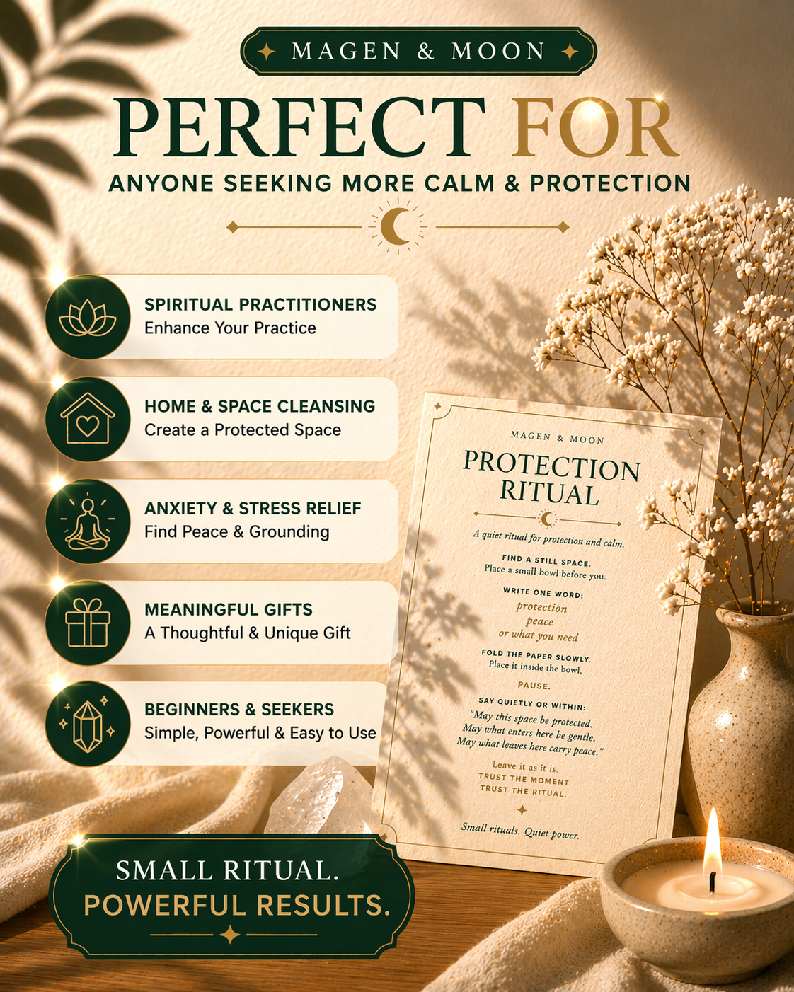 Promotional flyer for 'Magen & Moon' protection ritual with text and decorative elements.