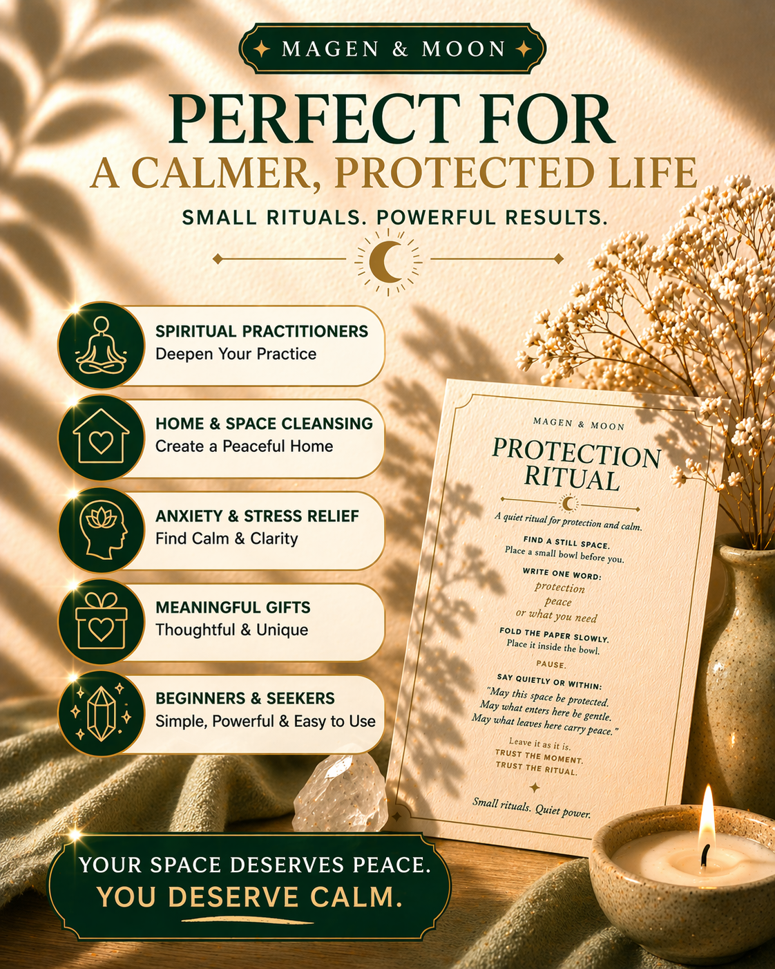 Promotional image for 'Magen & Moon' with a protection ritual card, candle, and decorative elements.