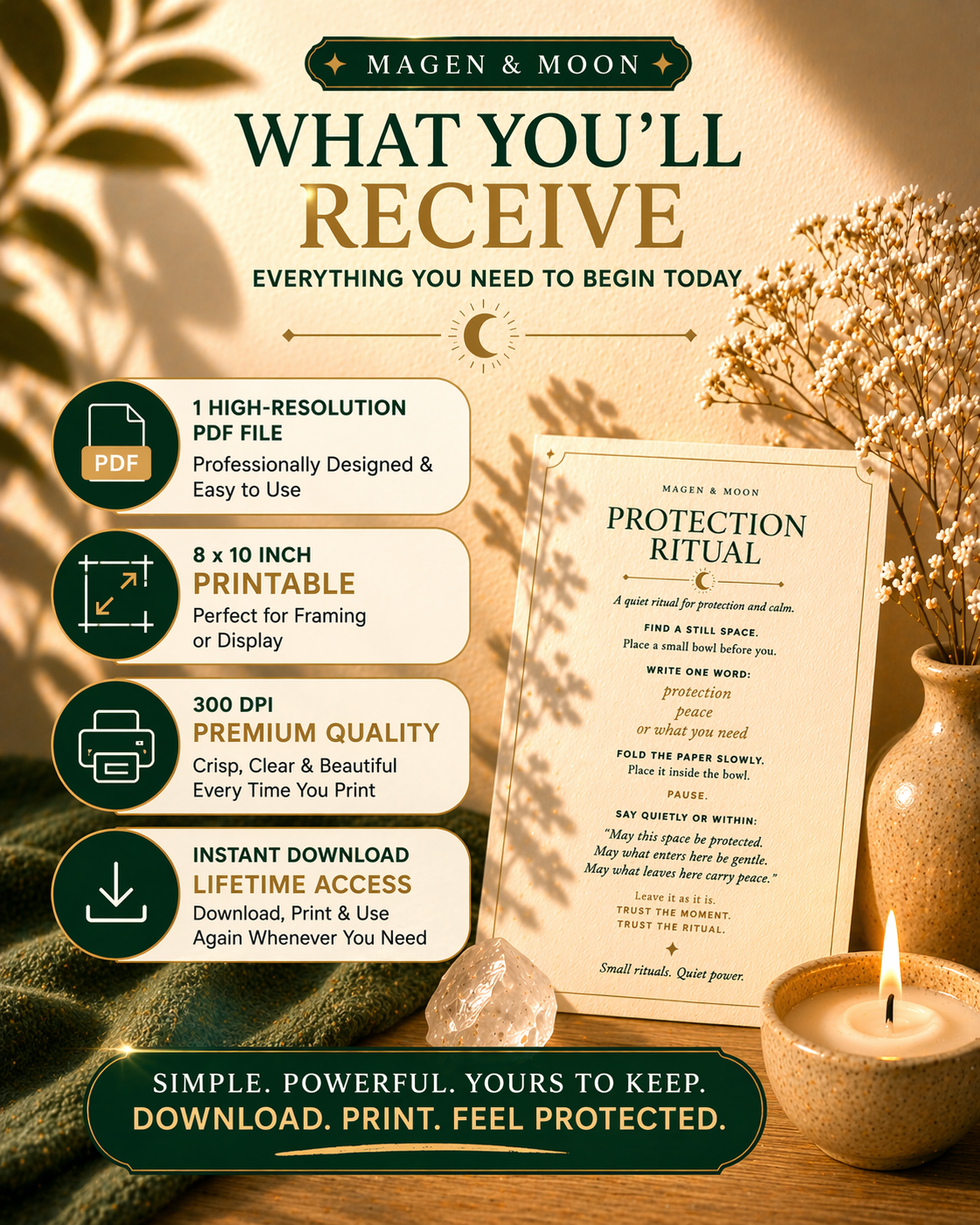 Promotional image of a product package with a PDF file, printable sheet, and candle on a wooden surface.