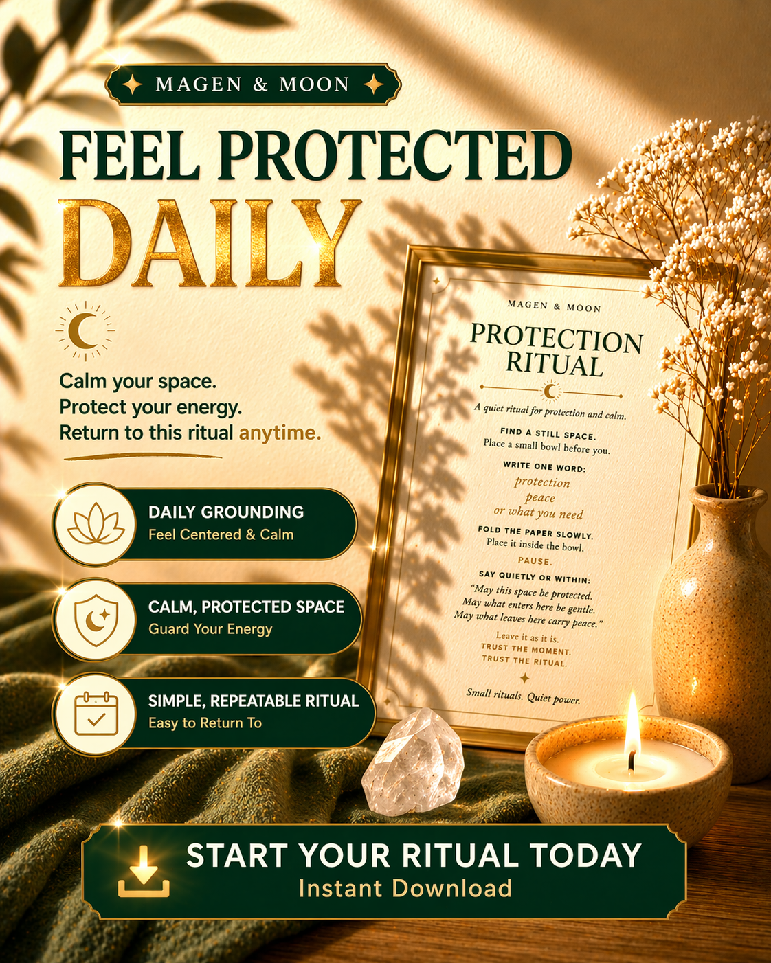 Advertisement for a 'Protection Ritual' with a candle, crystal, and framed text on a wooden surface.